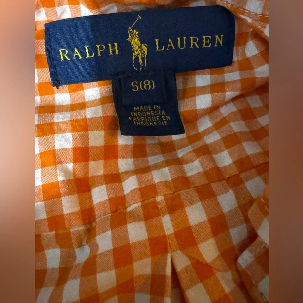 Ralph Lauren size 8 orange / white check button down shirt